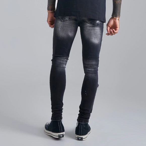 BOOHOO MAN SUPER SKINNY DISTRESSED PAINT SPLAT JEANS IN BLACK SIZE 36S - Picture 3 of 11